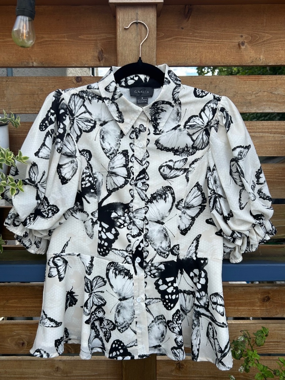 Gracia Butterfly Print Peplum Blouse Puff Sleeve Top Medium